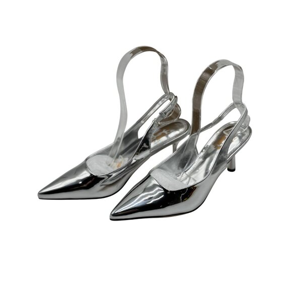 NEW Heelchic Womens Size 6 Silver Pointed Toe Slingback Heels Kitten Heel - Picture 12 of 16